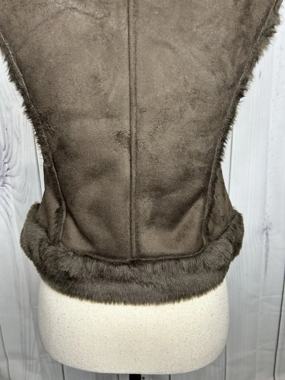 Bebe Faux Fur Suede Vest Womens Sz XS Brown Full Zip Vintage